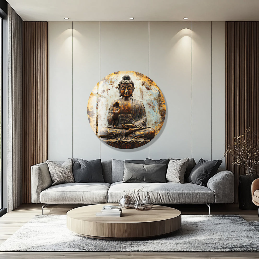 Rustic Buddha Calm – Round Glass Wall Art