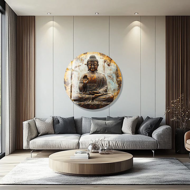 Rustic Buddha Calm – Round Glass Wall Art