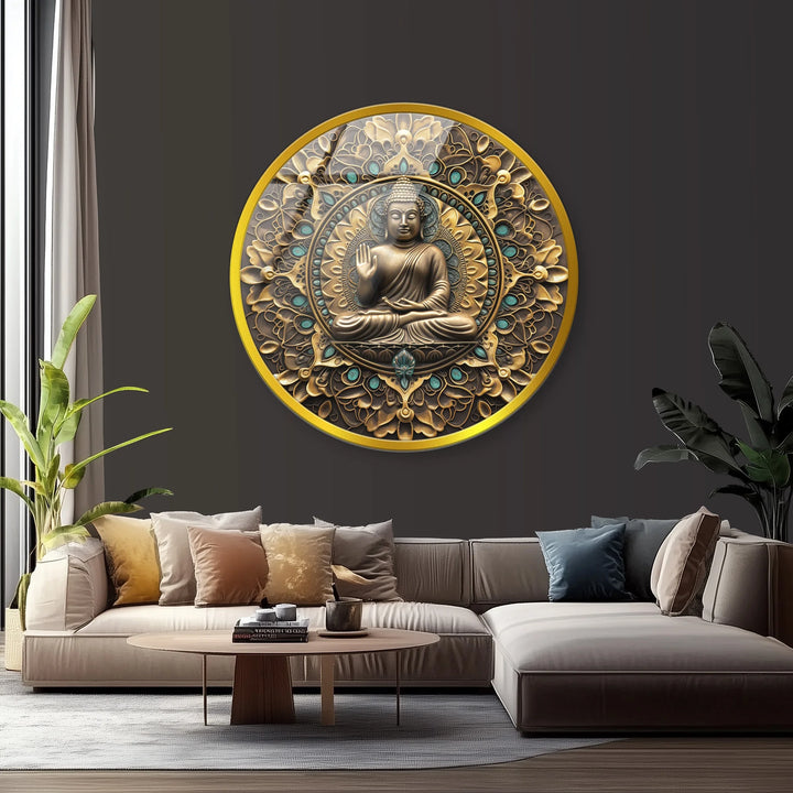 Golden Mandala Buddha – Ornate Round Glass Wall Art - MyPhotoStation