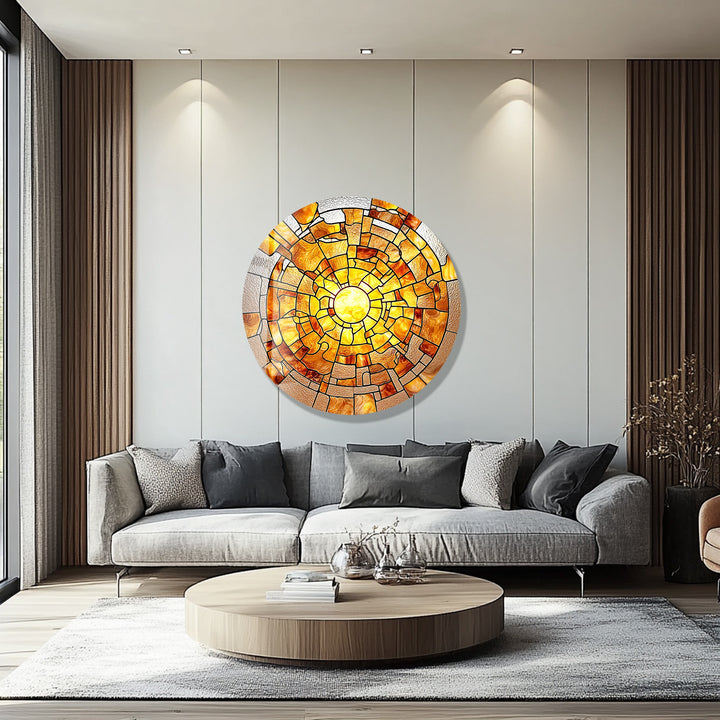 Amber Solar Burst – Round Glass Wall Art