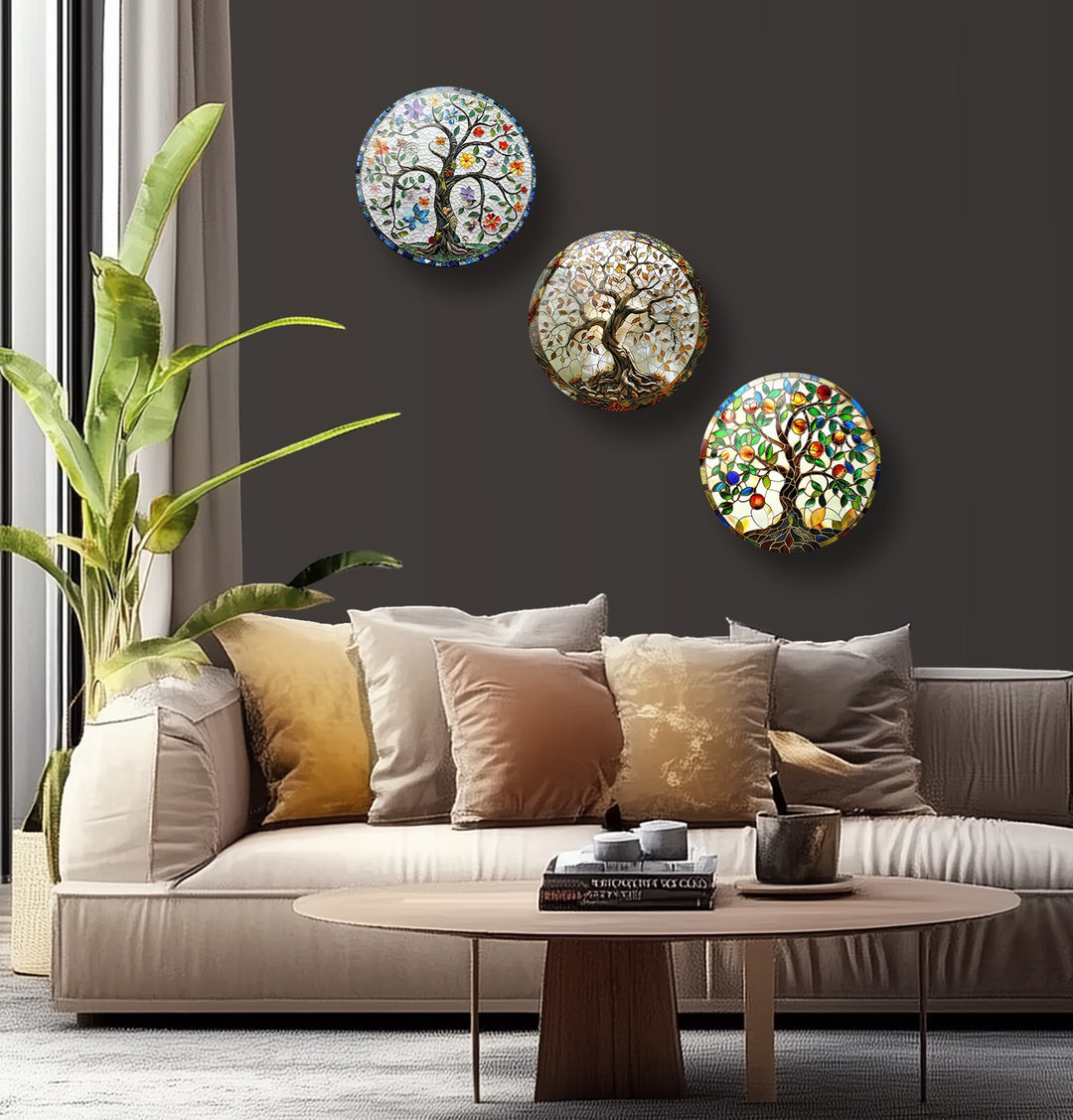 Colorful Mosaic Tree of Life Round Glass Wall Art Set – Boho Nature-Inspired Decor