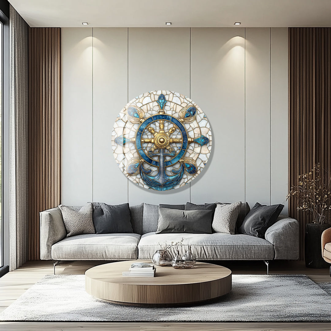 Golden Helm & Anchor Harmony – Round Glass Wall Art