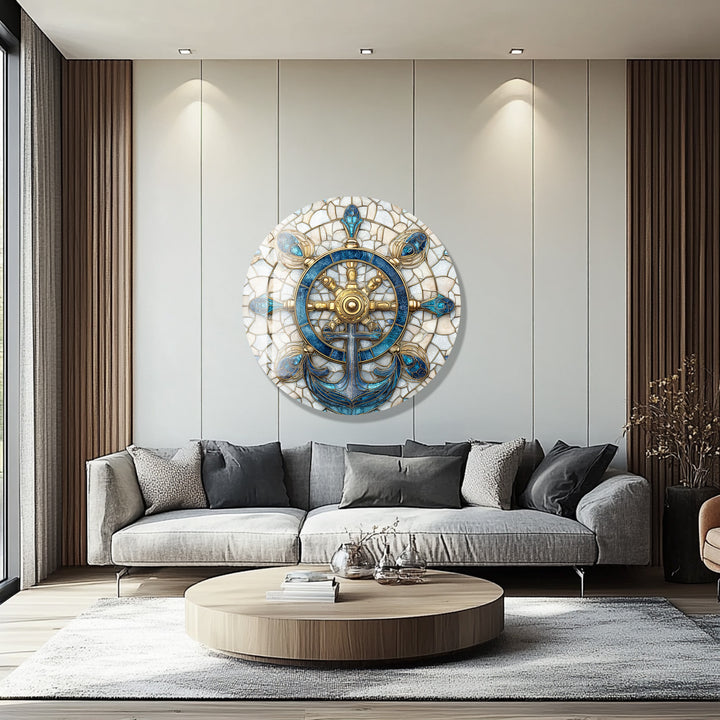 Golden Helm & Anchor Harmony – Round Glass Wall Art