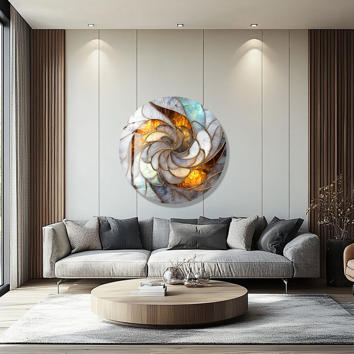Golden Spiral Radiance – Round Glass Wall Art