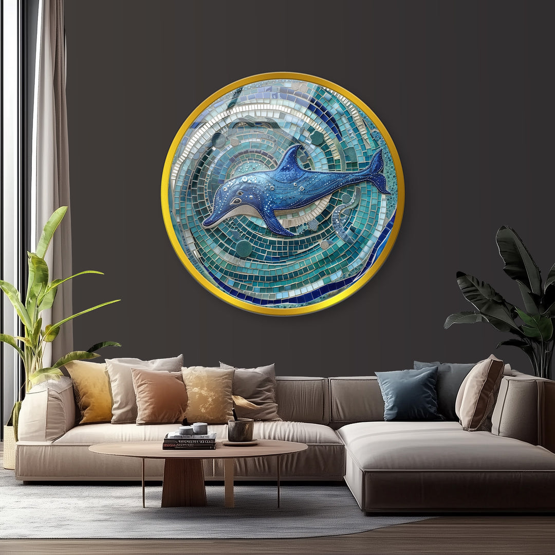 Ocean Spirit – Blue Dolphin Mosaic Round Glass Wall Art