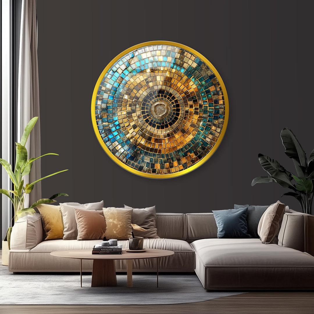 Golden Horizon – Mosaic Circle Round Glass Wall Art