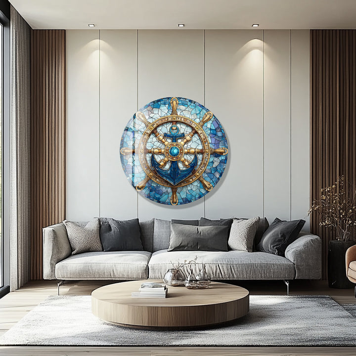 Nautical Helm & Anchor – Round Glass Wall Art