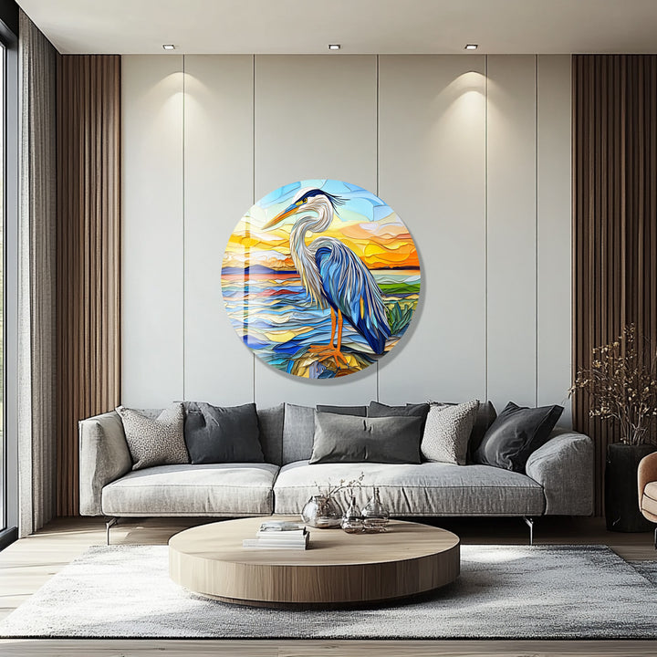 Blue Heron at Dusk – Round Glass Wall Art