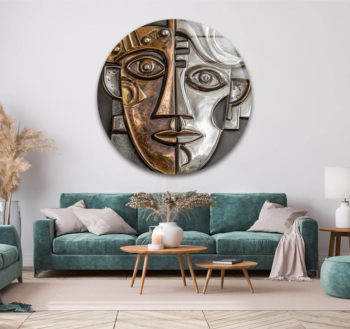 Dual Tone Abstract Face – Metallic Cubist Round Glass Wall Art - MyPhotoStation