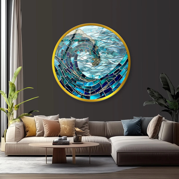Golden Crest Wave Mosaic Round Glass Wall Art - MyPhotoStation