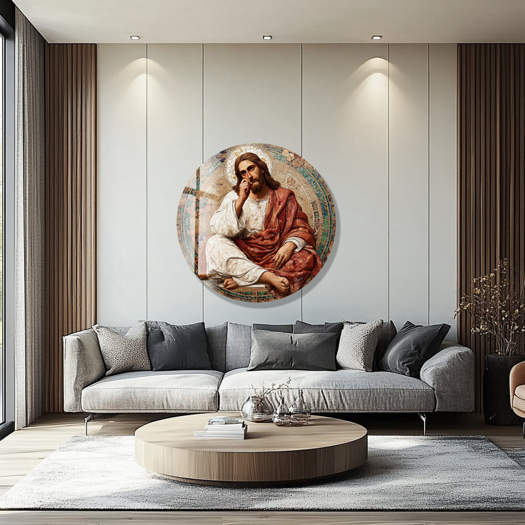 Contemplative Christ Mosaic – Round Glass Wall Art