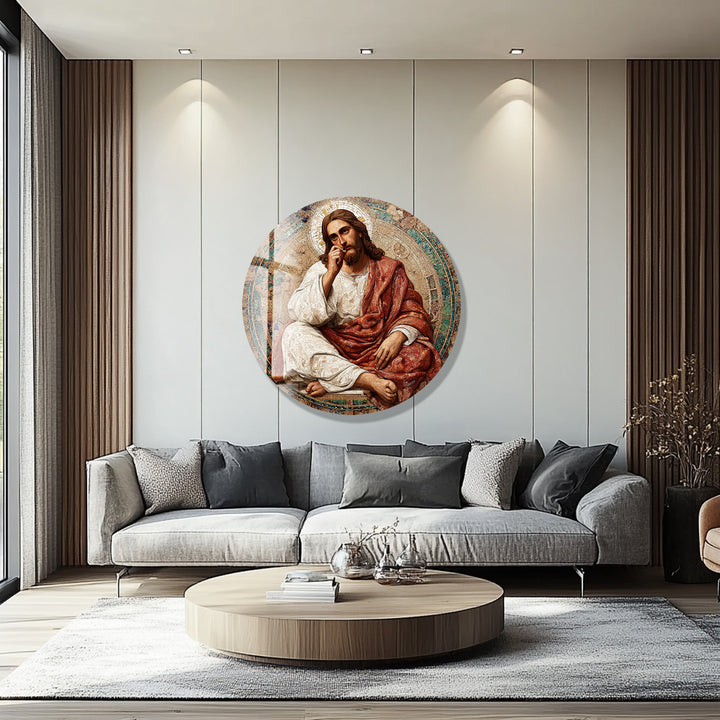 Contemplative Christ Mosaic – Round Glass Wall Art