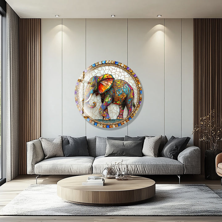 Regal Mosaic Elephant – Round Glass Wall Art