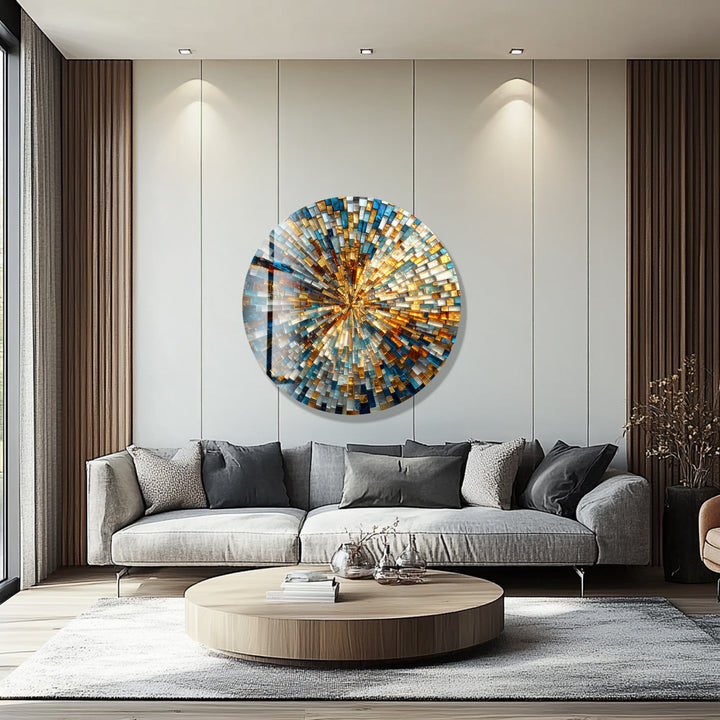 Golden Radiance Spiral  – Round Glass Wall Art