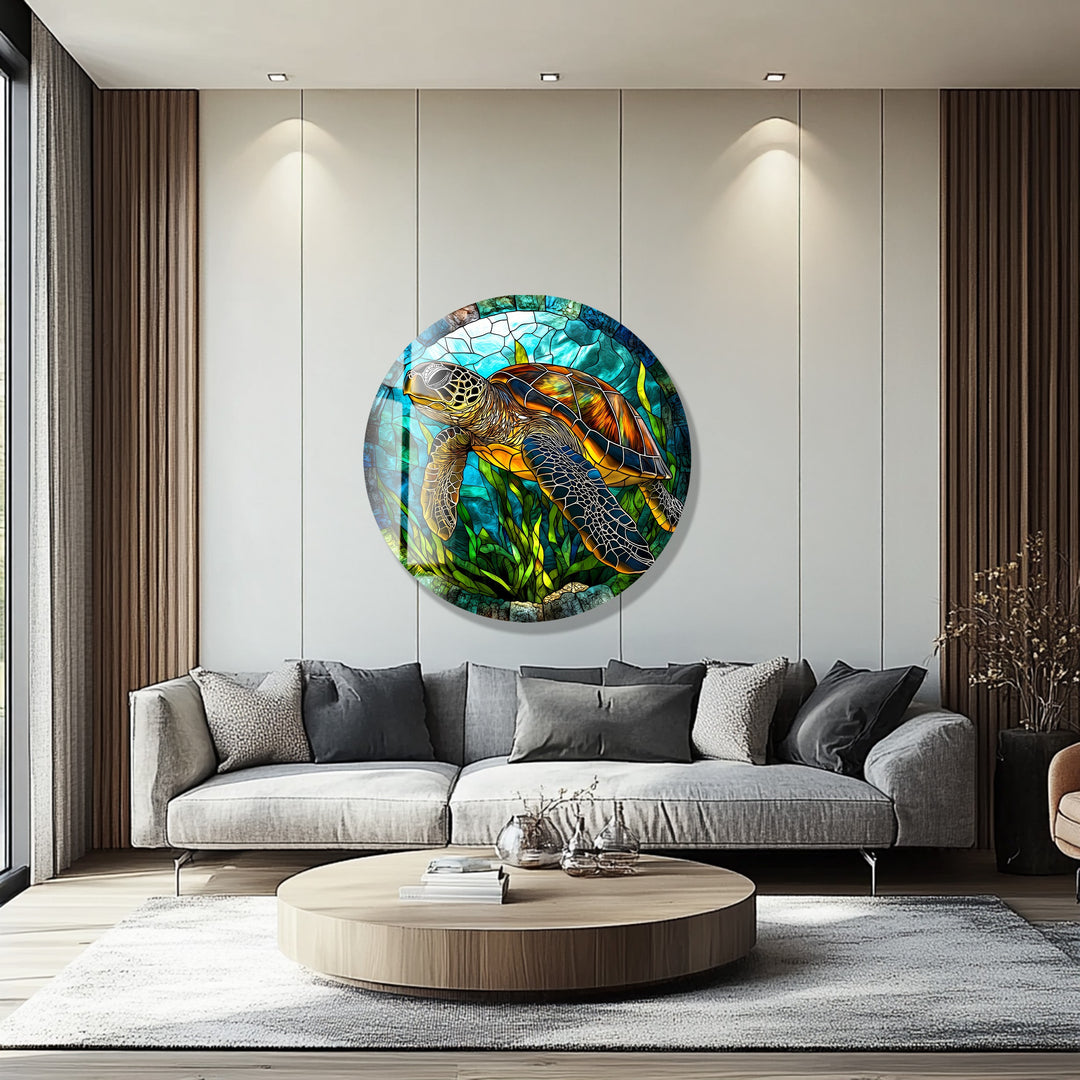 Sea Turtle Stained – Round Glass Wall Art