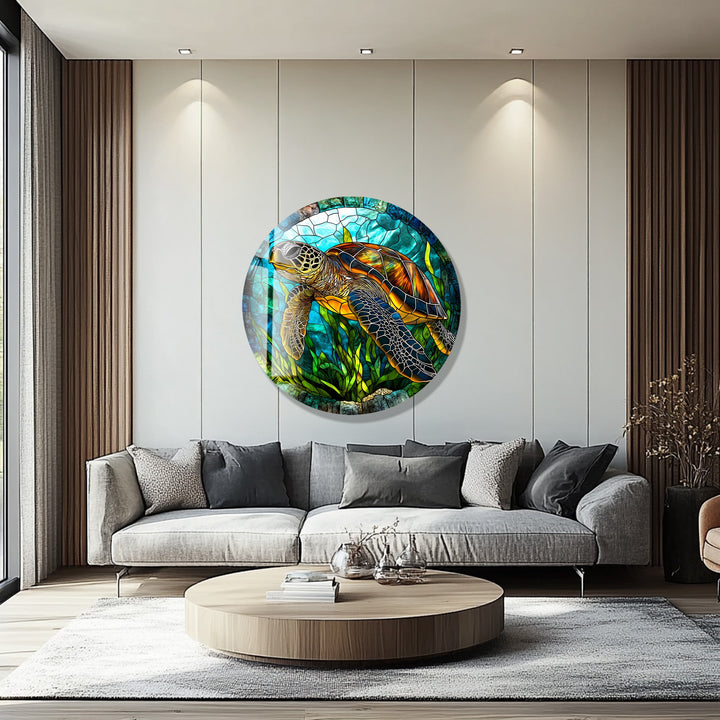 Sea Turtle Stained – Round Glass Wall Art