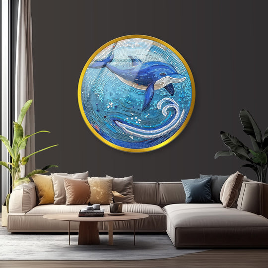Ocean-inspired round glass wall art with dolphin design