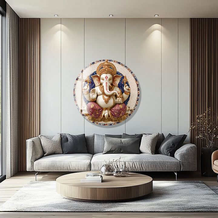 Golden Grace Ganesha – Round Glass Wall Art