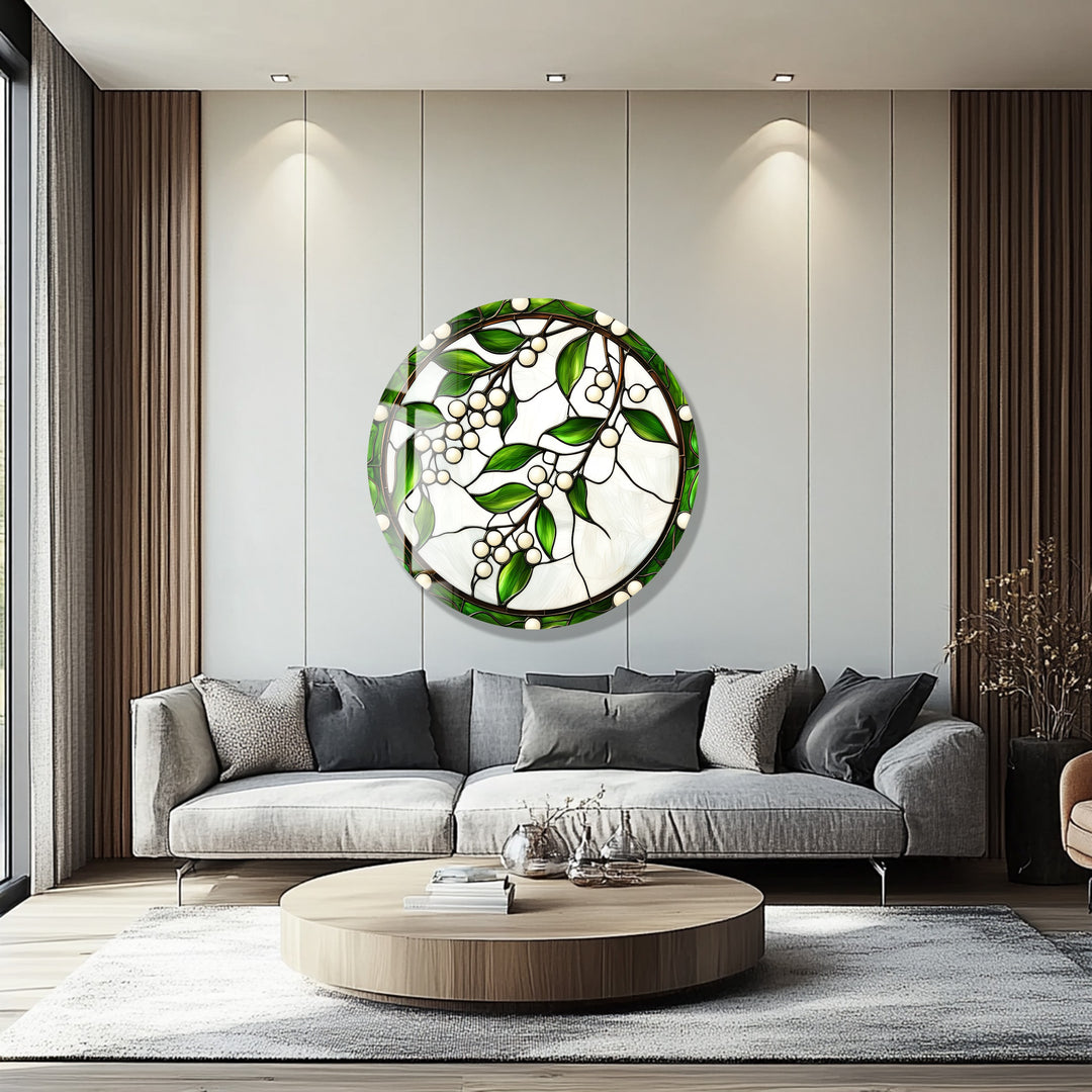 Emerald Berry Vines – Round Glass Wall Art