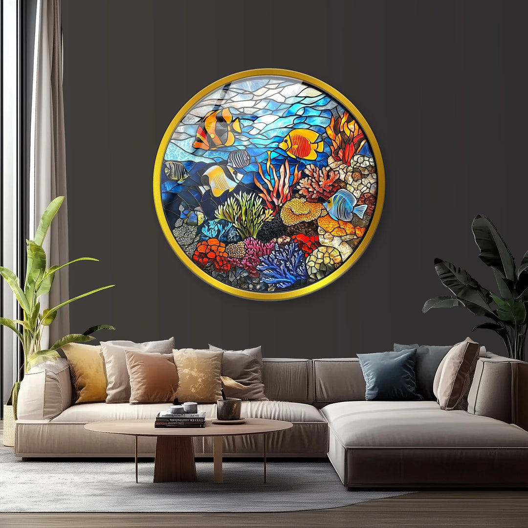Coral Reef Mosaic Round Glass Wall Art - MyPhotoStation