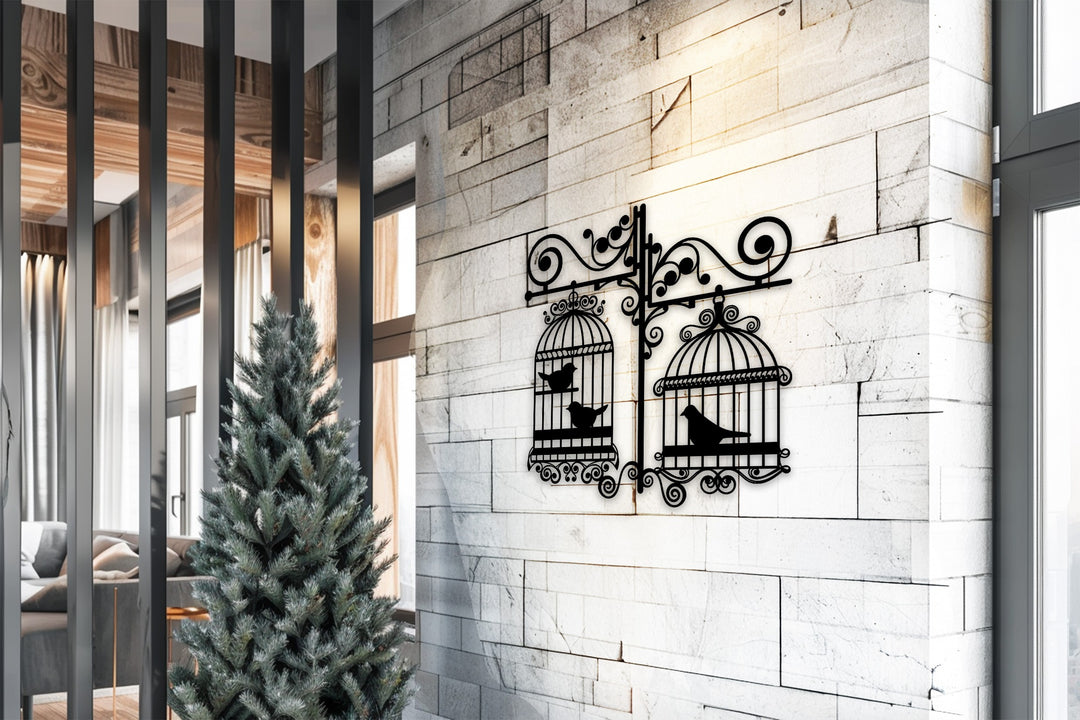 طيور مغردة من العصر الفيكتوري – قفص طيور مزخرف فن جداري معدني