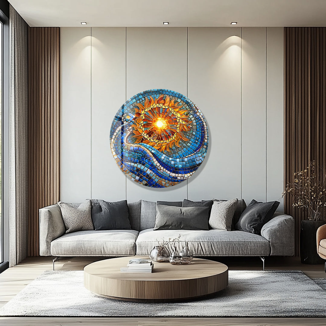 Solar Flow – Blue and Gold Mosaic Round Glass Wall Art