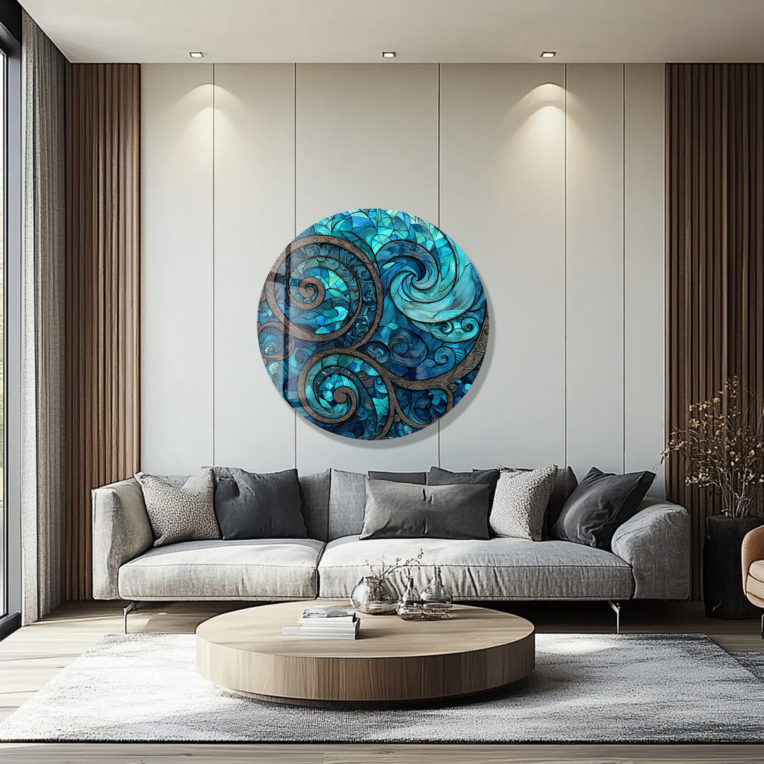 Oceanic Spirals – Round Glass Wall Art