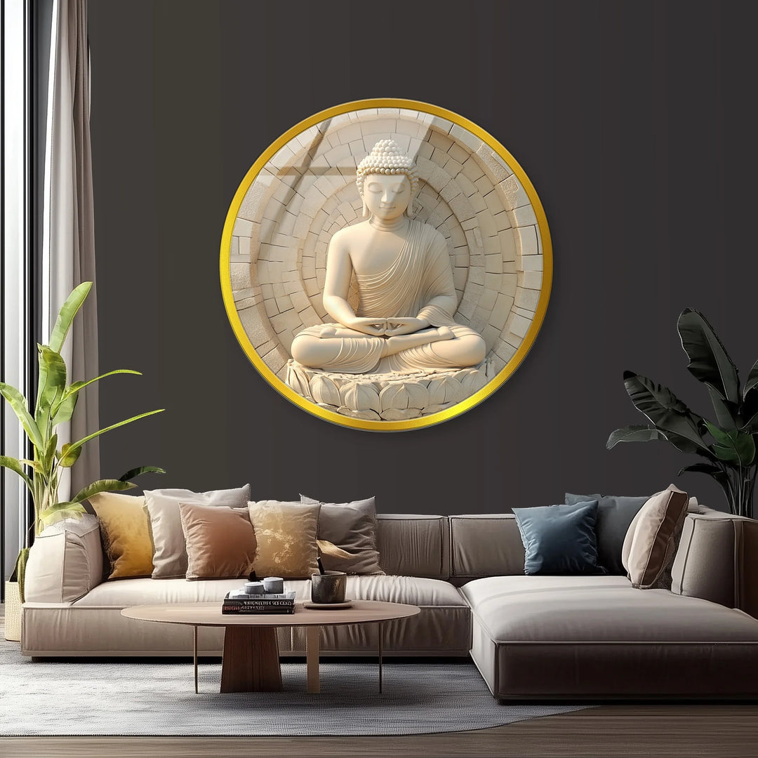 Serene White Buddha in Lotus – Round Glass Wall Art - MyPhotoStation