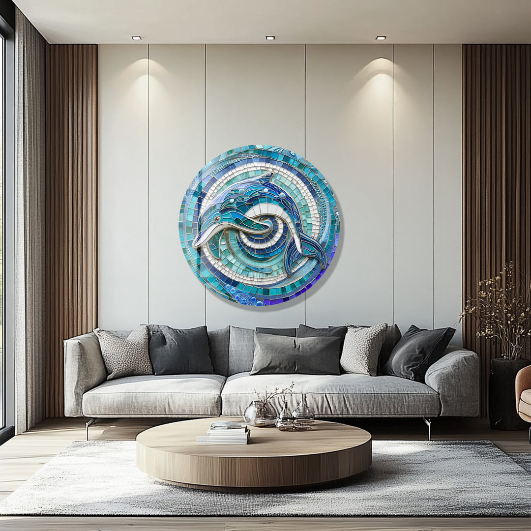Blue and turquoise mosaic dolphin circular wall art