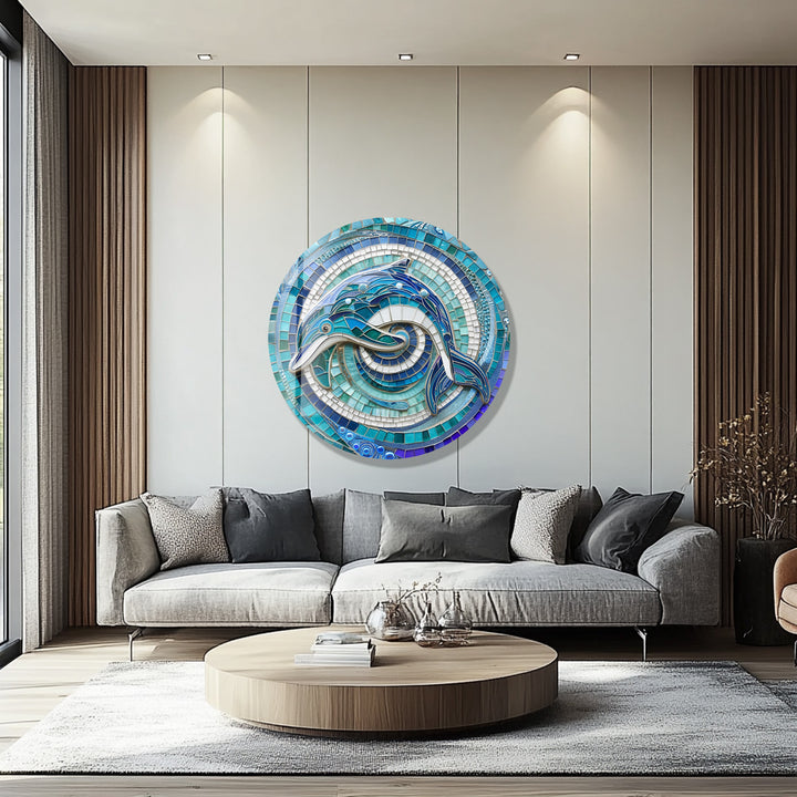 Blue and turquoise mosaic dolphin circular wall art