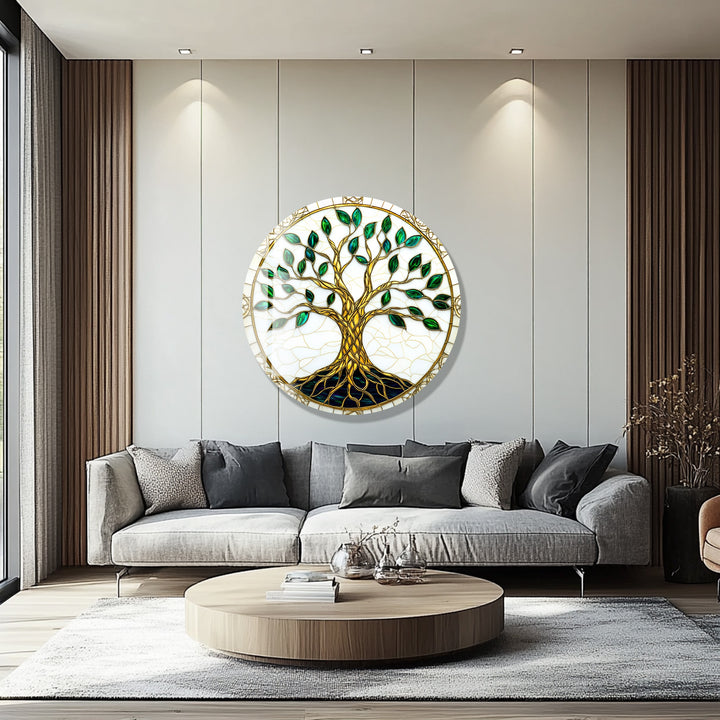 Golden Roots of Harmony – Round Glass Wall Art