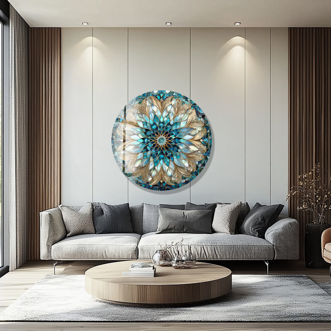 Celestial Bloom Mandala – Round Glass Wall Art