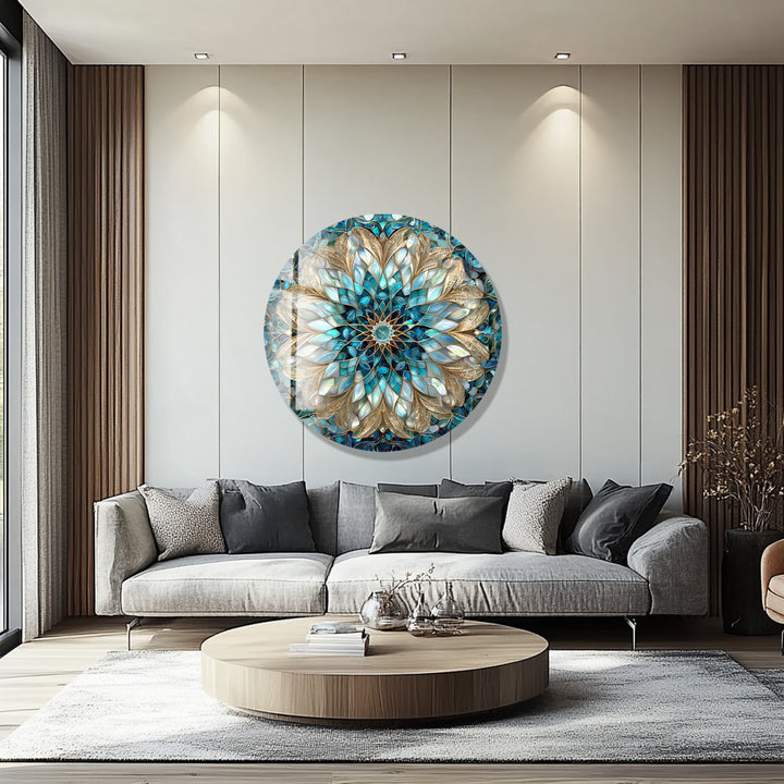 Celestial Bloom Mandala – Round Glass Wall Art