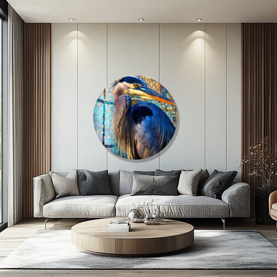 Azure Watchful Heron – Round Glass Wall Art
