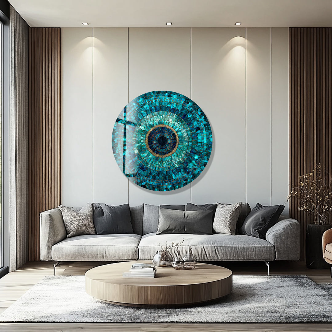 Emerald Mandala Radiance – Round Glass Wall Art