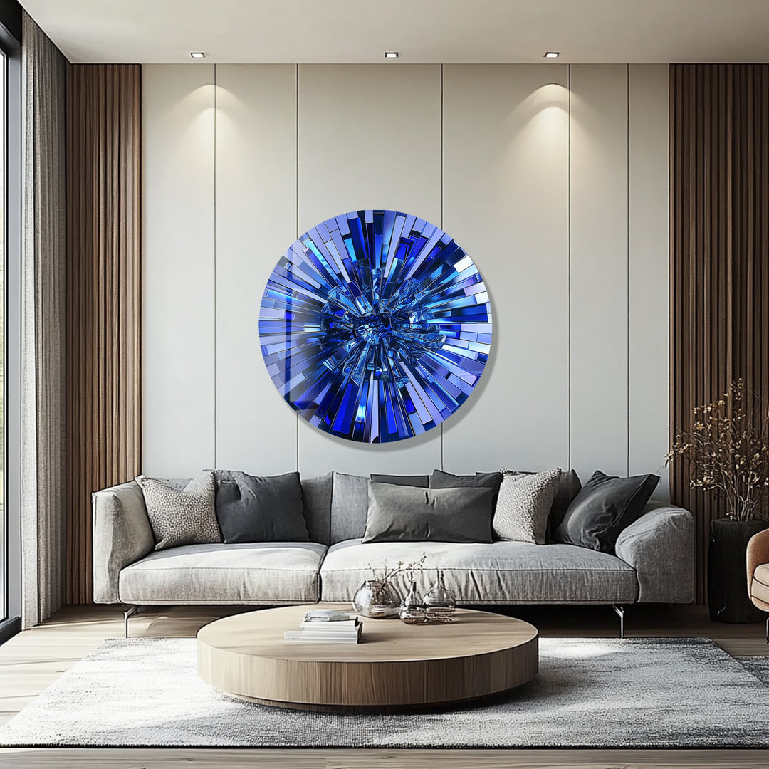 Sapphire Burst – Modern Blue Mosaic Round Glass Wall Art