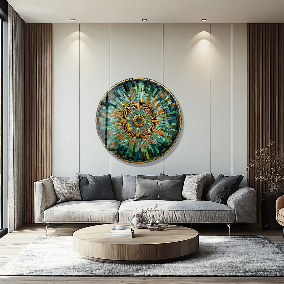 Golden Horizon – Emerald and Amber Mosaic Round Glass Wall Art