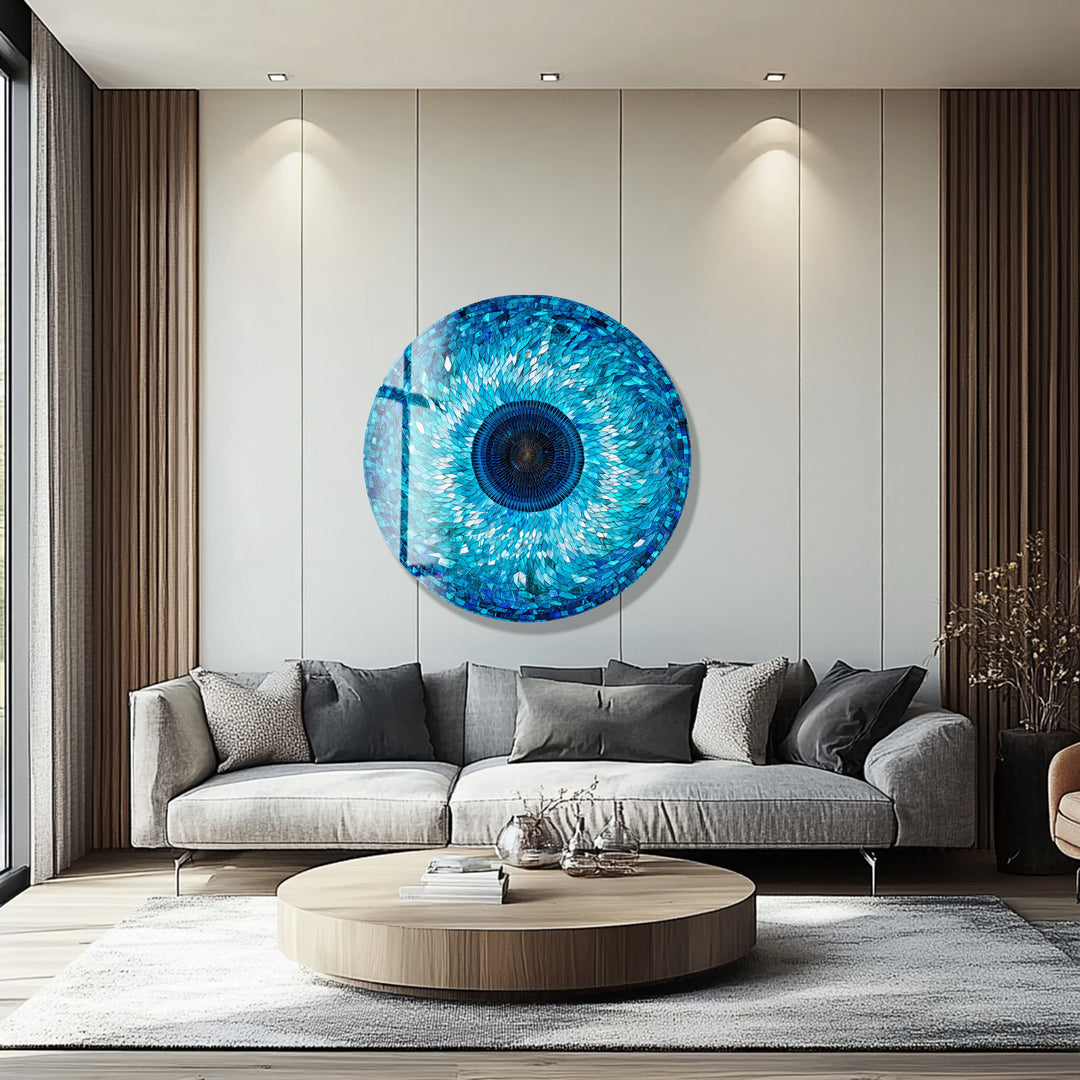 Sapphire Mosaic Evil Eye – Round Glass Wall Art
