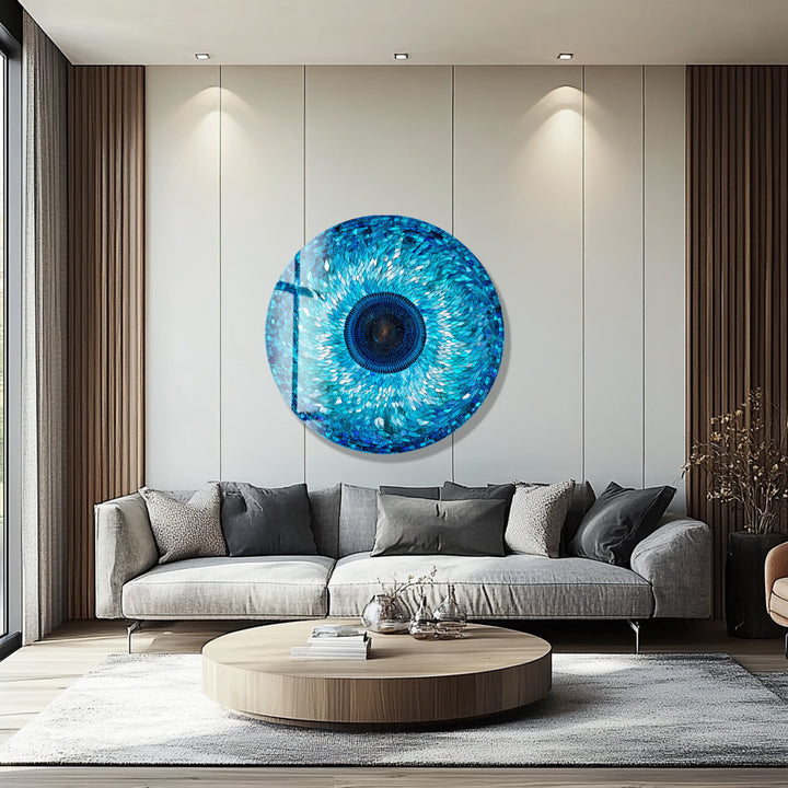 Sapphire Mosaic Evil Eye – Round Glass Wall Art