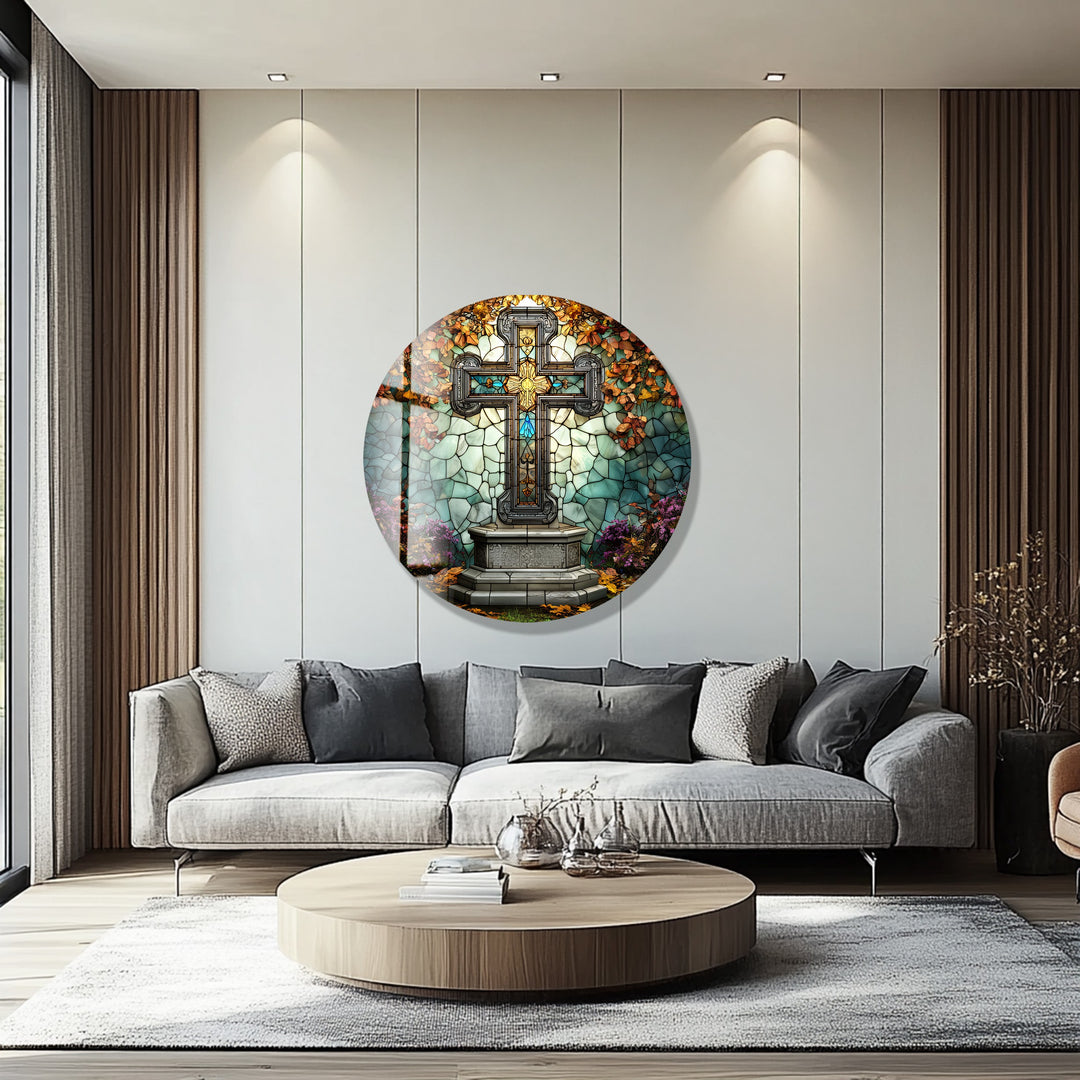Stained Glass Cross Garden Scene – Round Glass Wall Art