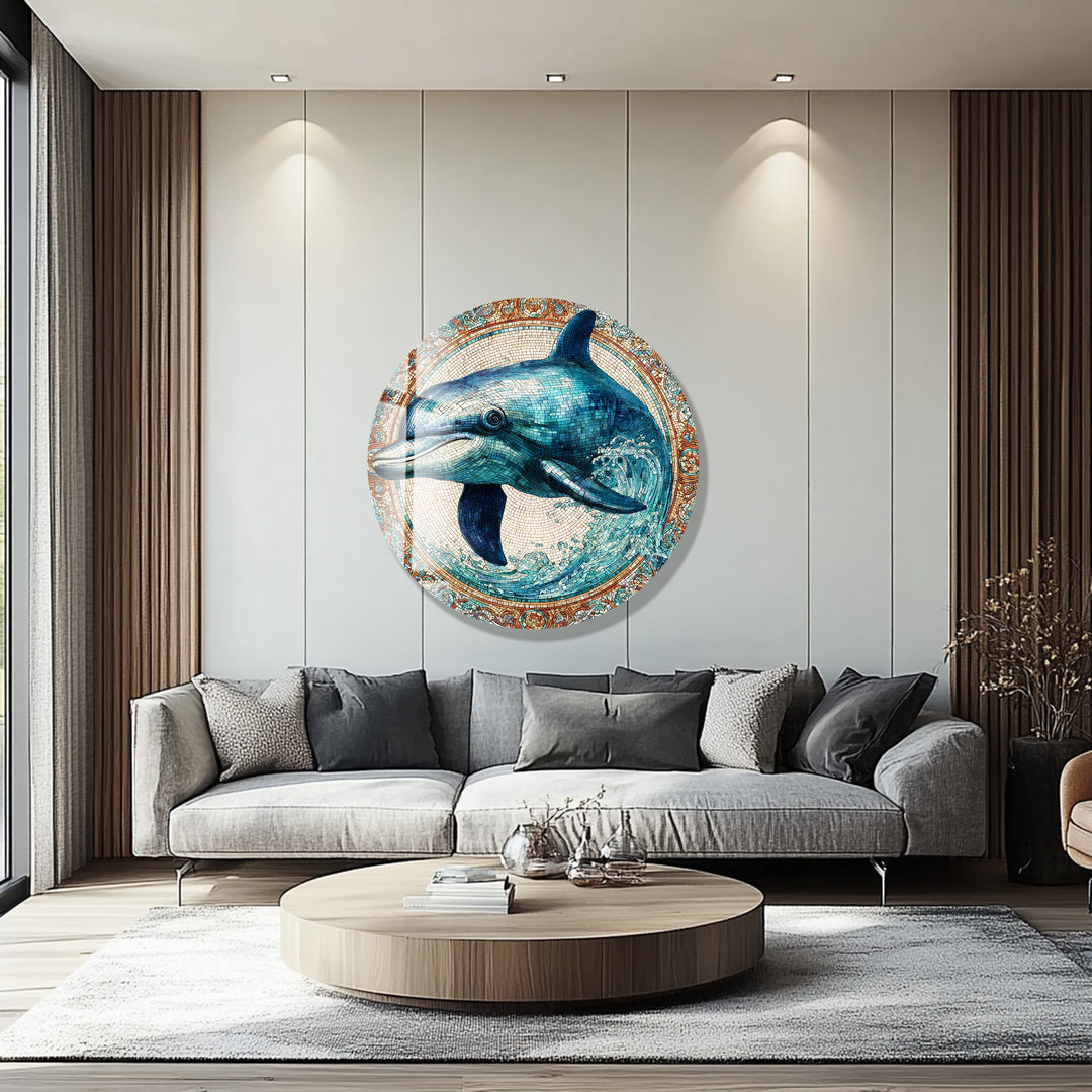 Cerulean Joy Dolphin – Round Glass Wall Art