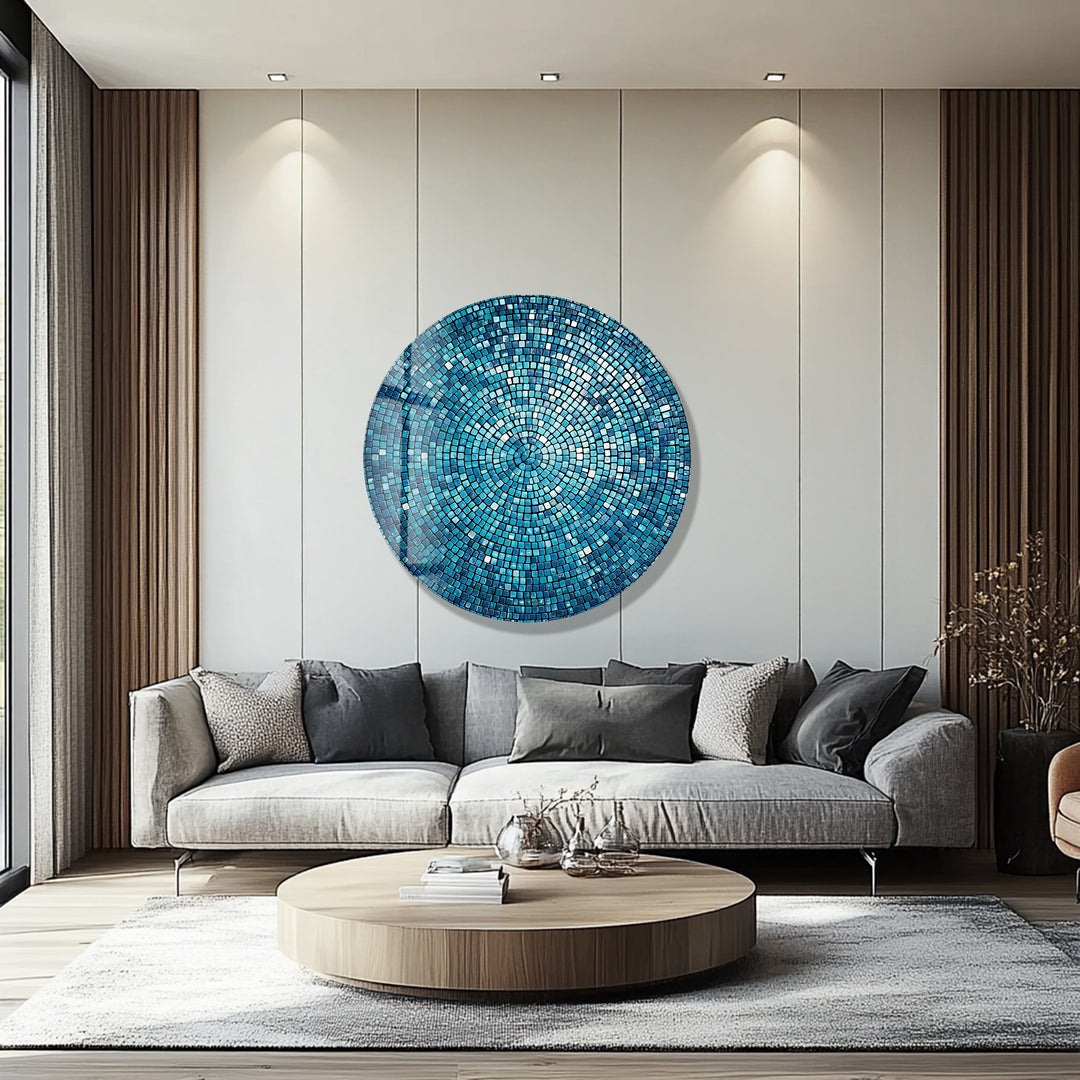 Azure Radiance Mosaic – Round Glass Wall Art