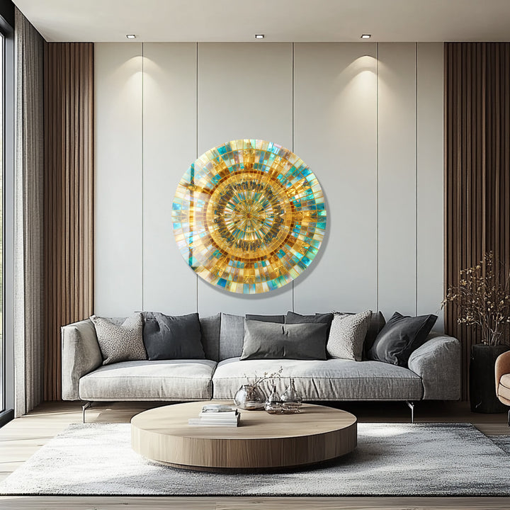 Radiant Gold and Aqua – Mandala Round Glass Wall Art