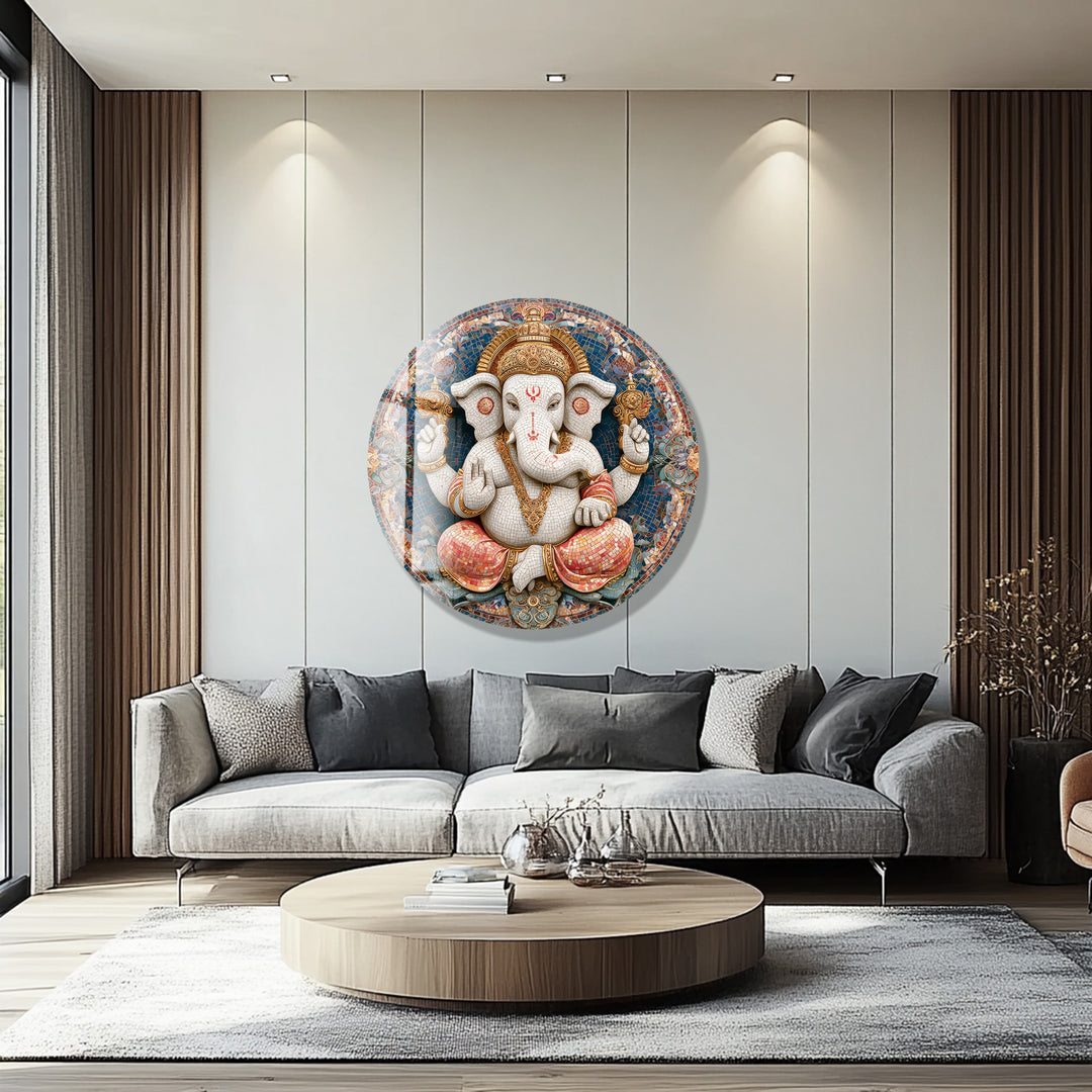 Divine Lotus Ganesha – Round Glass Wall Art