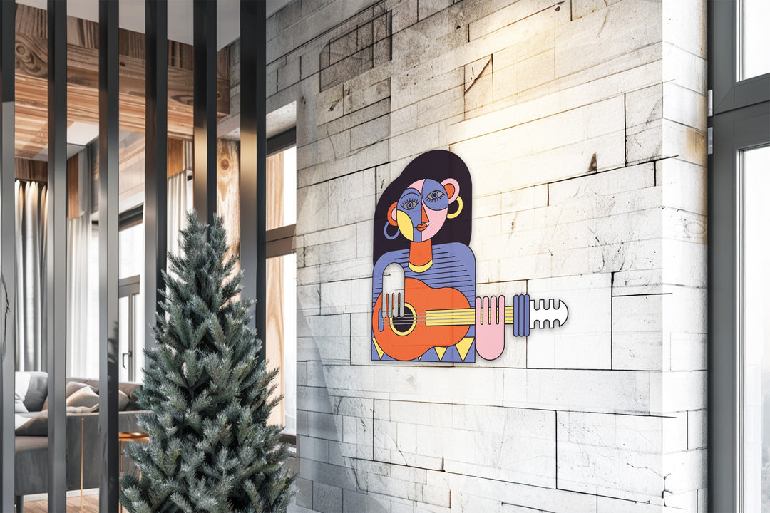 Cubist Woman with Guitar Metal Wall Art – Modern Abstract Music Decor