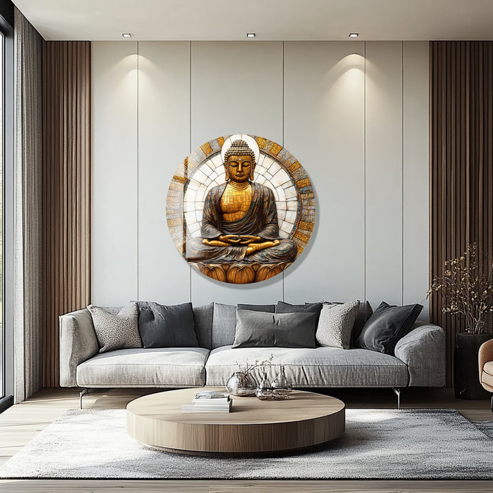 Golden Buddha Mosaic Serenity – Round Glass Wall Art