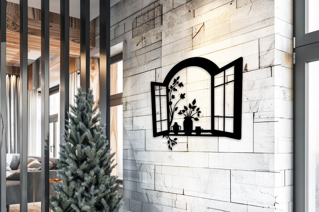 Window Frame with Flower Pots – Elegant Metal Wall Art