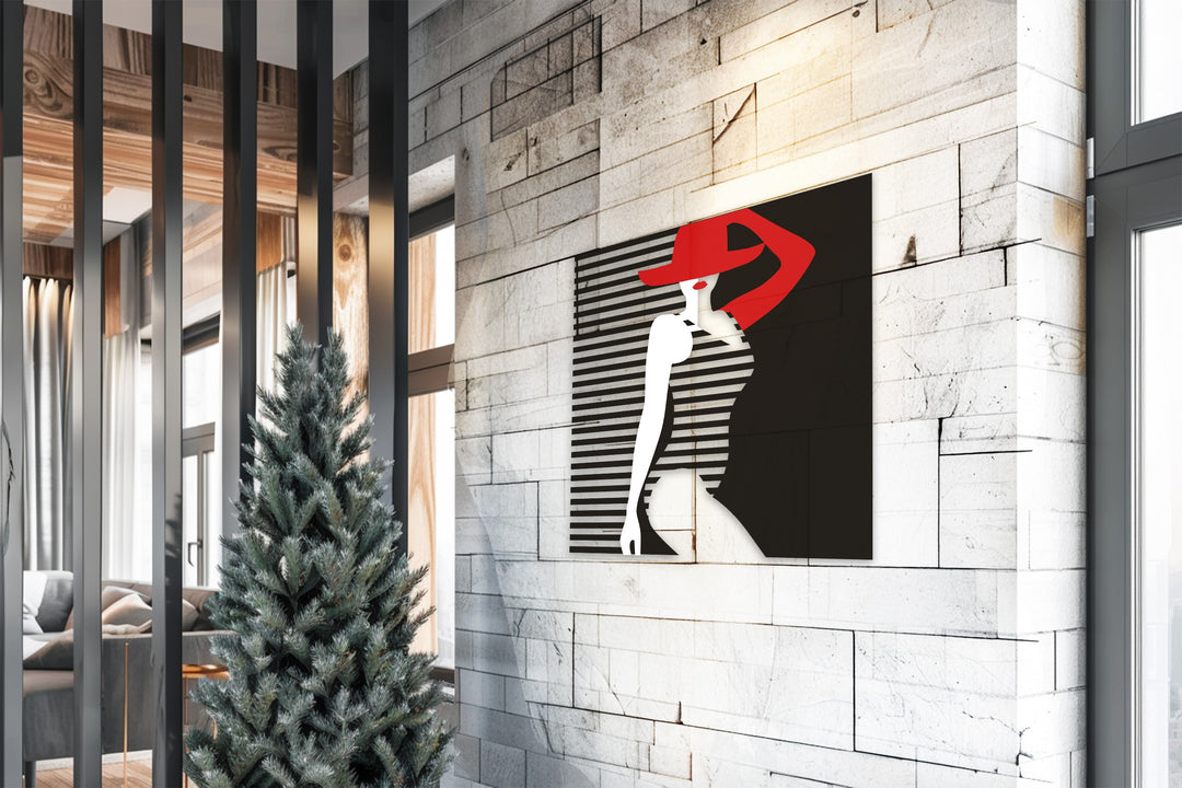Lady in Red Hat Metal Wall Art – Elegant Minimalist Modern Decor
