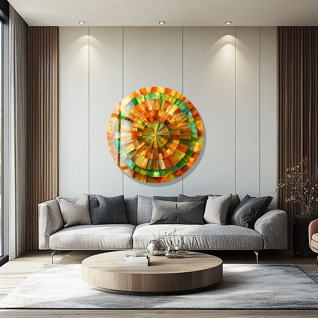 Verdant Sun Spiral – Round Glass Wall Art