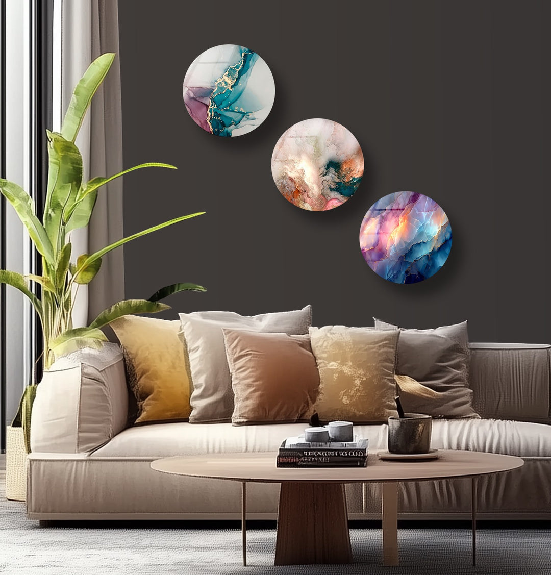 Crystal Flow Round Glass Wall Art Set – Abstract Agate-Inspired Design
